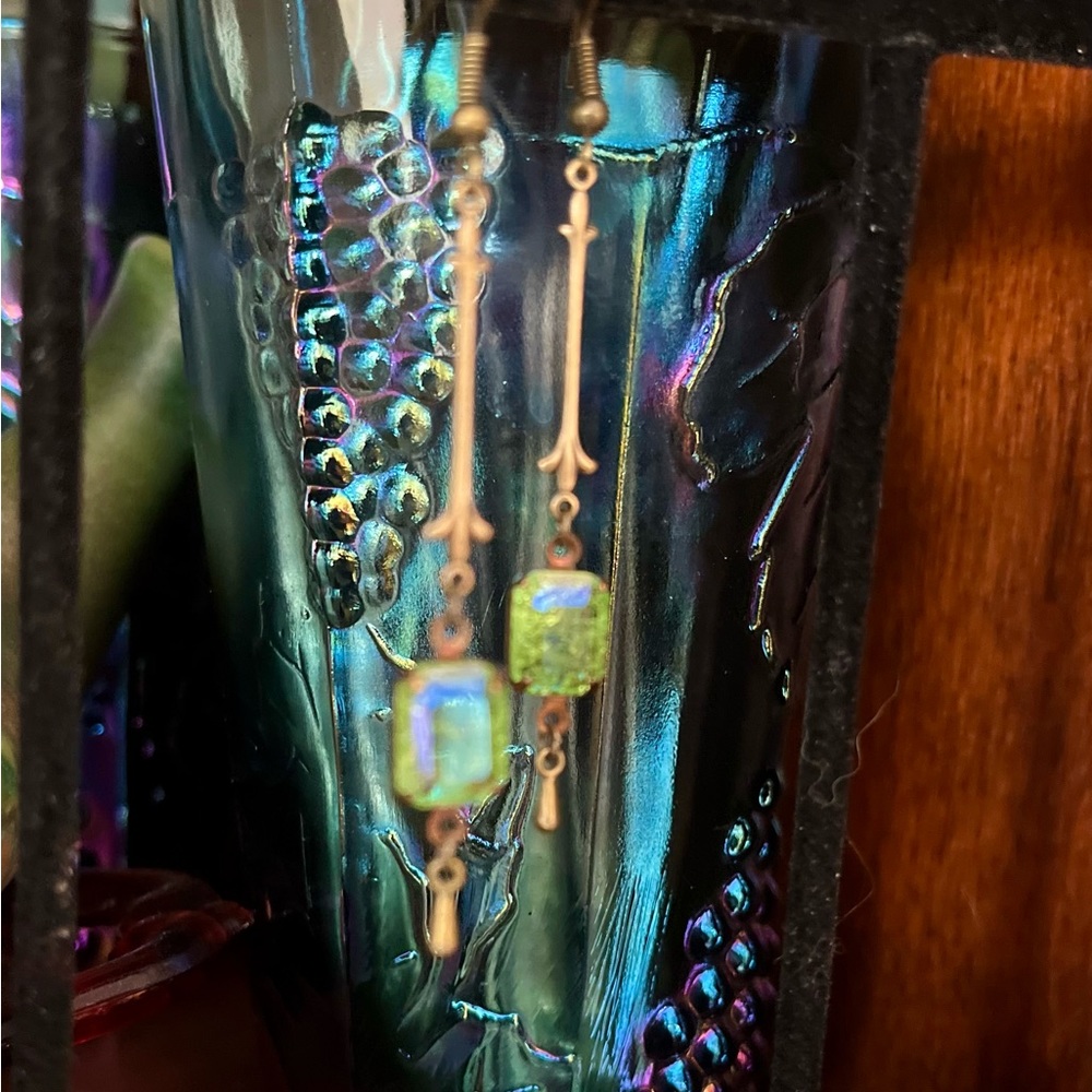SOLD Peridot Green Crackle Glass Art Nouveau Earrings w a Glacier Blue Finish - Picture 12 of 15